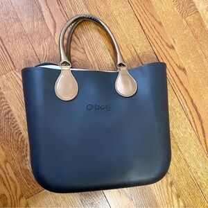 O bag Obag Italy Black/ Bronze Brown Handles Medium Hand Bag Striped Interior